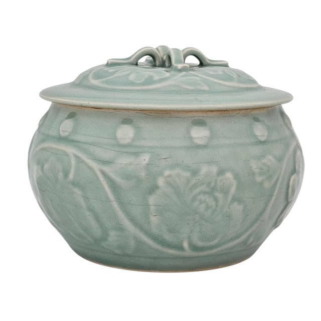 Celadon VTG Chinese Longquan Style Celadon Lidded Jar Relief Floral Round Form 8" For Sale - Image 8 of 13