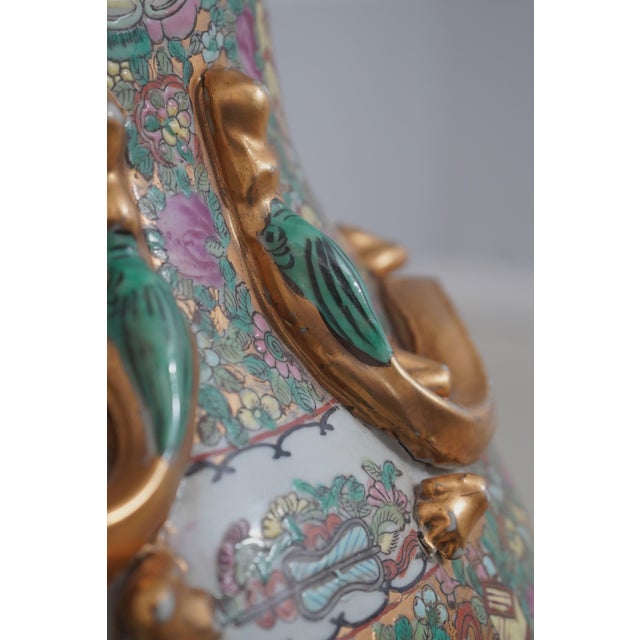 Gold Large Chinese Porcelain Rose Medallion Floor Vase on Stand For Sale - Image 8 of 13