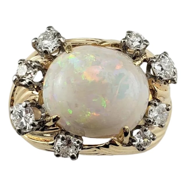 Late 20th Century 14 Karat Yellow Gold Opal and Diamond Ring, Size 5.5 For Sale