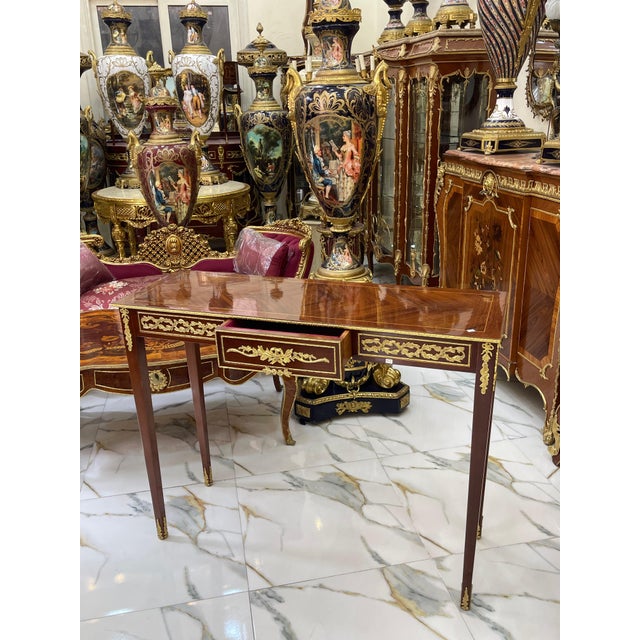 French Style Console Table / Desk – Handcrafted Brown Finish With Gold Leaf For Sale In Miami - Image 6 of 9