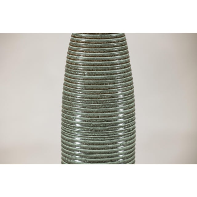 Late 20th Century Tall Artisan Ceramic Hand-Crafted Vase with Ribbed Body and Green Glaze For Sale - Image 5 of 16