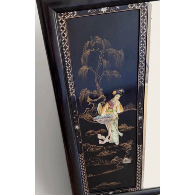 Bring timeless Chinoiserie elegance to your home with this beautifully coordinated pair of vintage Asian black lacquer...