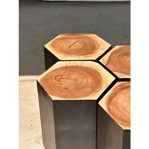 Hexagonal Stools in Two-Tone Suar, Set of 5 For Sale - Image 5 of 18