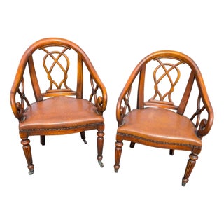 Late 20th Century Pair of Traditional Walnut Leather Upholstered Armchairs With Cabriole Scroll Arms For Sale