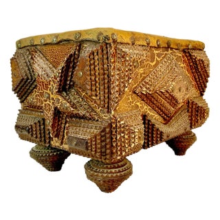 1890s Antique Folk Art Americana Tramp Art Star Design Ottoman Footstool For Sale