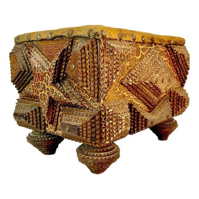 1890s Antique Folk Art Americana Tramp Art Star Design Ottoman Footstool For Sale