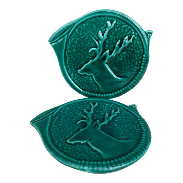 Mid-Century Green Majolica Deer Wine Coaster Bottle Vallauris-A Pair For Sale