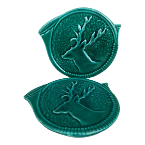 Mid-Century Green Majolica Deer Wine Coaster Bottle Vallauris-A Pair