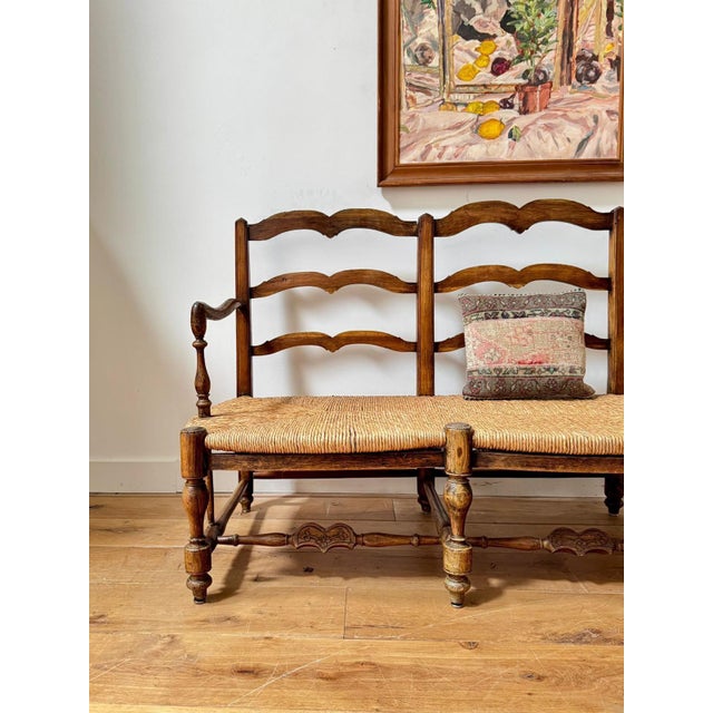 French Provincial Rush Seated Bench, 19th Century For Sale - Image 3 of 10