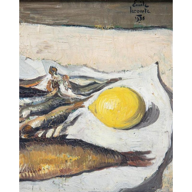 Émile Lecomte, Still Life with Fish, Shrimp & Lemon, 1935, Oil Painting on Canvas, Framed For Sale - Image 3 of 13