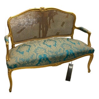French Louis XV-Style Settee – Turquoise Blue Damask Upholstery, Gold Leaf Frame & Cane Backrest For Sale