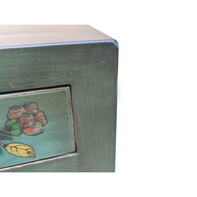 Wood Oriental Distressed Teal Green Flowers Graphic End Table Nightstand For Sale - Image 7 of 8