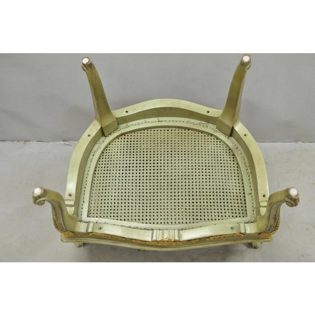 Vintage French Louis XV Style Green Painted Gold Gilt Cane Bergere Arm Chair For Sale - Image 16 of 17