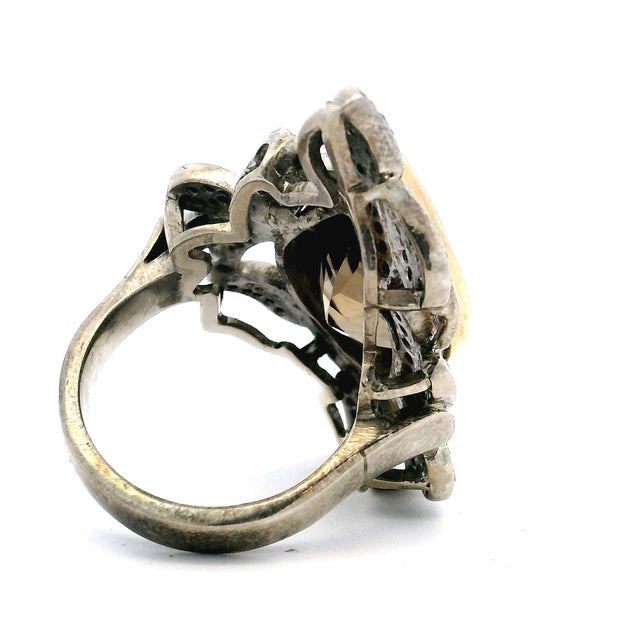 1970s Italian Smoky Topaz & Diamond Ring in Silver and 14k Gold, Size 8 For Sale - Image 4 of 11