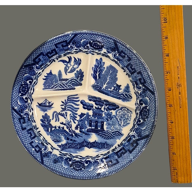 Vintage Japanese Willow Divided Blue & White Plate For Sale - Image 6 of 9
