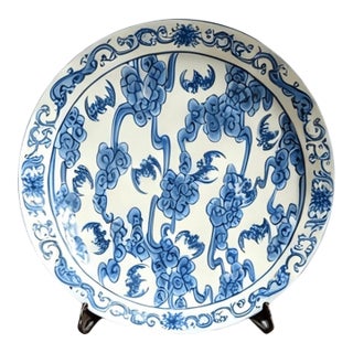 Chinese Ceramic Plate,Qianlong Marked Blue and White Porcelain Plate Hand Painted Bats Pattern For Sale