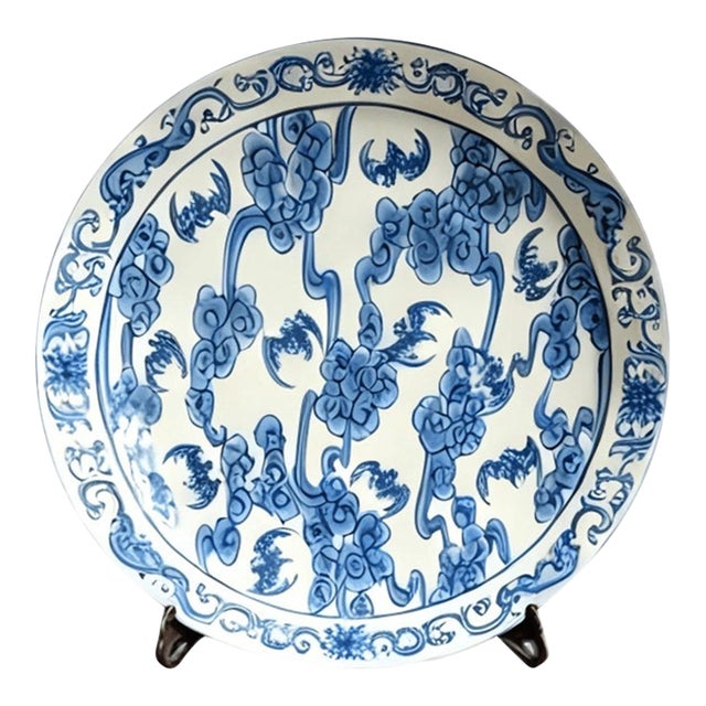 Chinese Ceramic Plate,Qianlong Marked Blue and White Porcelain Plate Hand Painted Bats Pattern For Sale