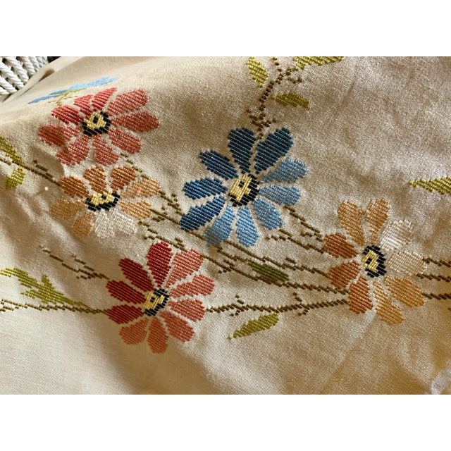 Vintage Cretan Hand Embroidered Cross Stitch Floral Tablecloth Tan- Ecru Autumnal Linen For Sale - Image 12 of 12