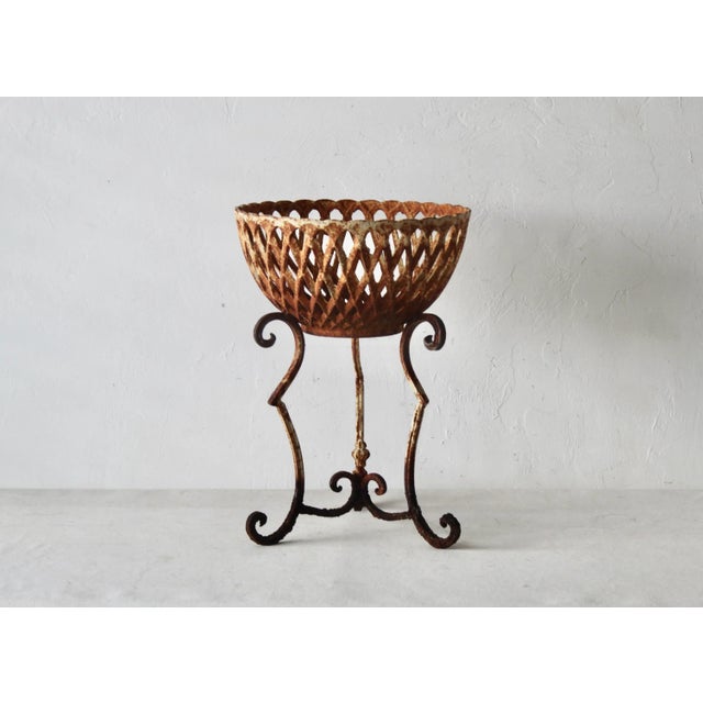 Vintage Cast Iron Rustic Basket Style Plant Stand Patina Mid-Century For Sale - Image 9 of 10