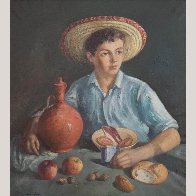 Oil on canvas depicting a young man seated at a table, wearing a wide-brimmed straw hat and blue shirt, accompanied by a...