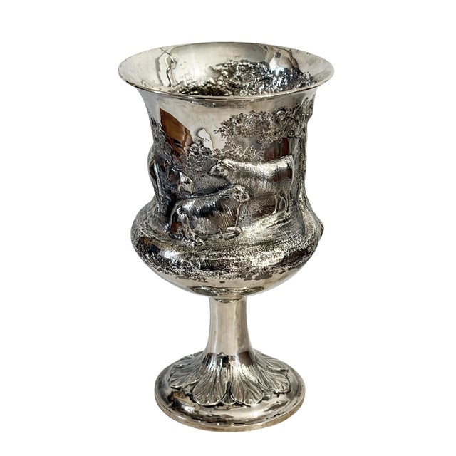 19th Century Antique English Sterling Silver Goblet W/Repoussé Pastoral/ Rural Animal Scenes 7" H For Sale - Image 5 of 9