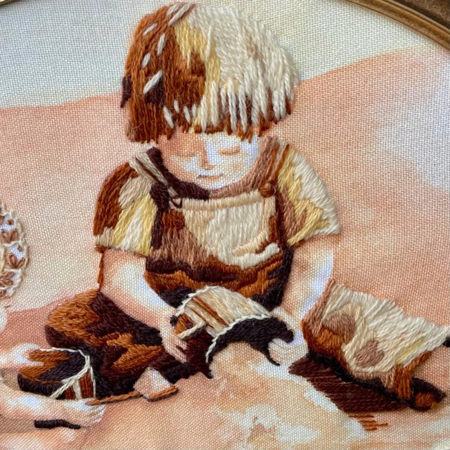 Textile Vintage Framed Needlework Textile Portrait of Children on a Beach For Sale - Image 7 of 8
