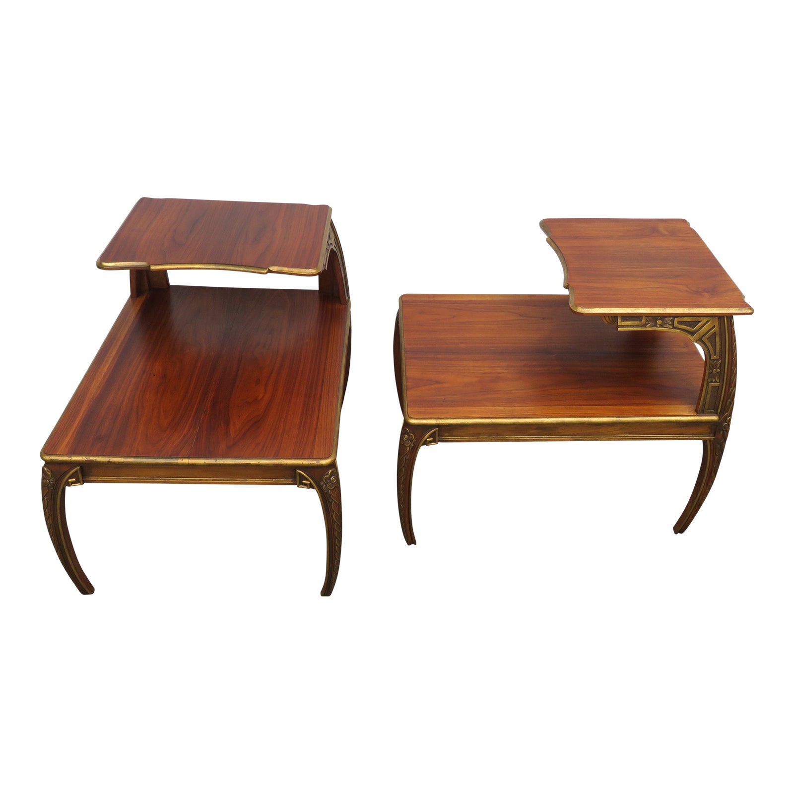French Hollywood Regency Carved Two Tiers Side End Lamp Tables a Pair