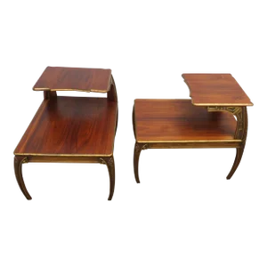 French Hollywood Regency Carved Two Tiers Side End Lamp Tables a Pair