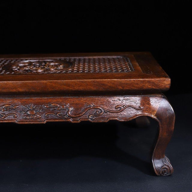 Vintage Chinese Huali Rosewood Carved "Double Dragons & Longevity" Kang Table / Display Stand For Sale In Los Angeles - Image 6 of 10