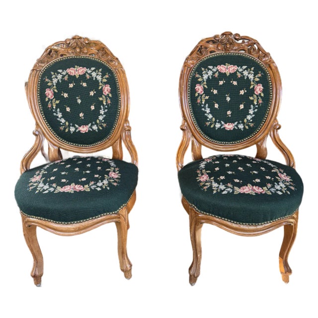 Mid 20th Century Pair of Needlepoint Upholstered Victorian Renaissance Revival Parlor Chairs. For Sale