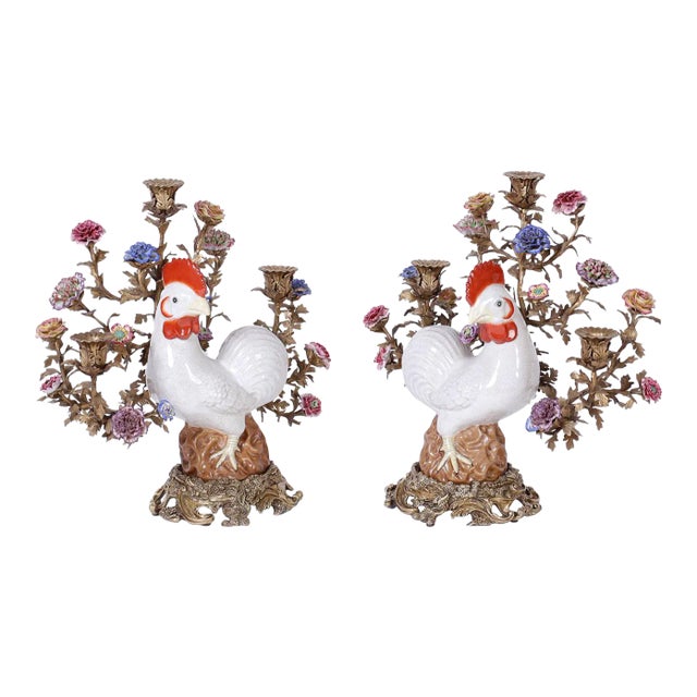 Bronze and Porcelain Chicken Candelabra - A Pair For Sale