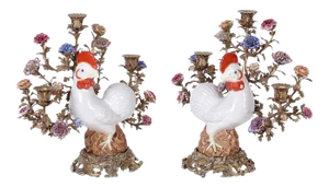 Bronze and Porcelain Chicken Candelabra - A Pair