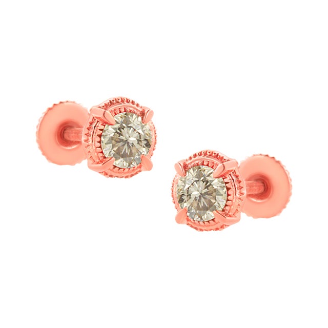 14K Rose Gold Plated .925 Sterling Silver 1.0 Cttw Round Brilliant Cut Diamond Solitaire Milgrain Stud Earrings, A Pair For Sale - Image 4 of 7