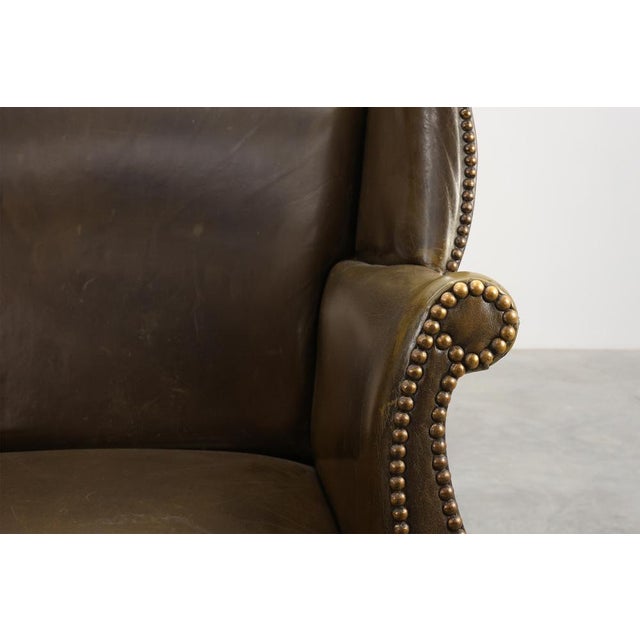Forest Green Mid-Century Modern Wing Back Chair in Green Leather, 1980s For Sale - Image 8 of 15