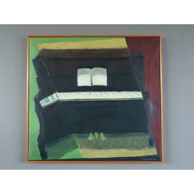 THE PIANO Size: 20.3 x 21.7 inches (including frame) Oil on canvas A contemplative painting dated 1978 that presents an...