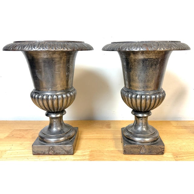 Pair of English Regency Silvered Cast Iron Egg-and-Dart Urns, Early 19th Century This refined pair of English Regency urns...