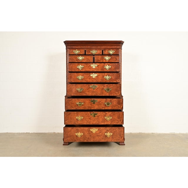 1980s Baker Furniture Historic Charleston Chippendale Carved Mahogany and Burl Wood Eleven-Drawer Highboy Dresser For Sale - Image 5 of 14
