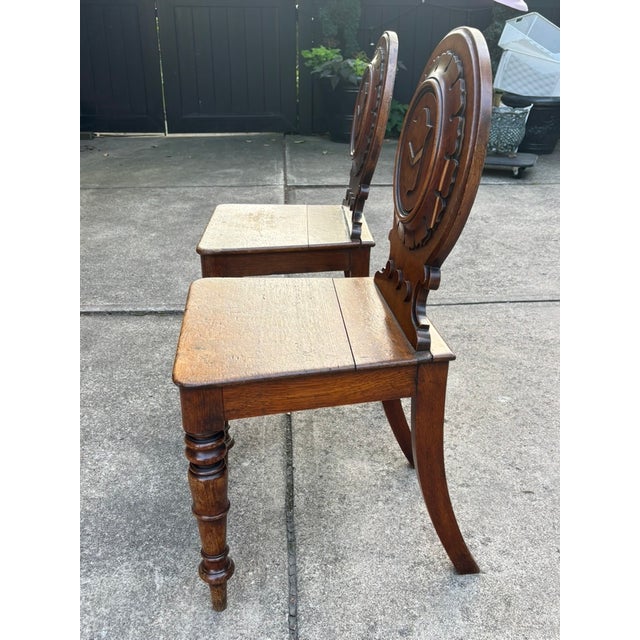 Pair of Early 19th Century English Regency Oak Hall Chairs With Carved Backs For Sale In Cleveland - Image 6 of 18