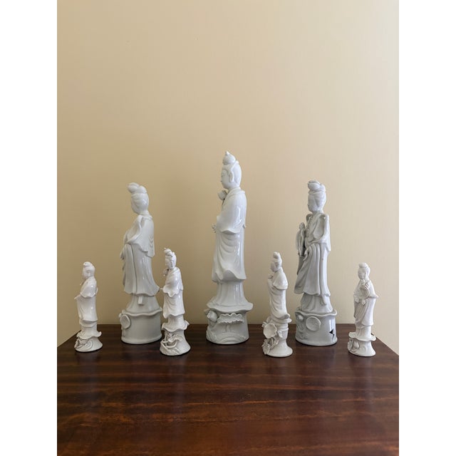 Ceramic Collection of Seven Blanc De Chine Quan Yin Figures, a Study in Quiet Form For Sale - Image 7 of 10