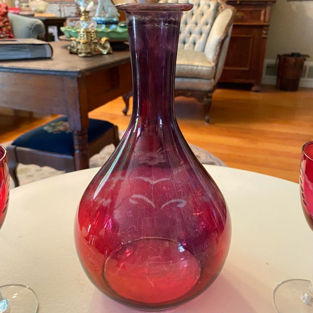 Cranberry Glass Decanter 6 Port Glasses and Shot Glass Stopper For Sale - Image 12 of 14