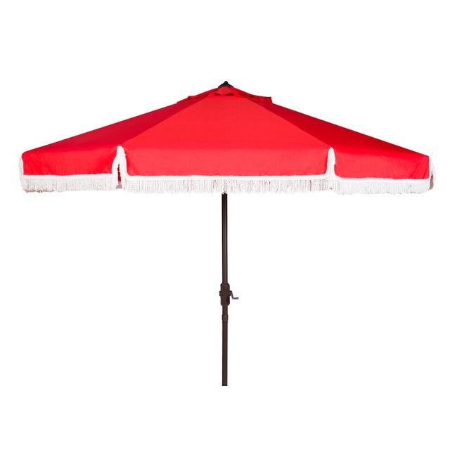 Fringe 9 Ft Crank Outdoor Push Button Tilt Umbrella in Red & White For Sale - Image 4 of 4