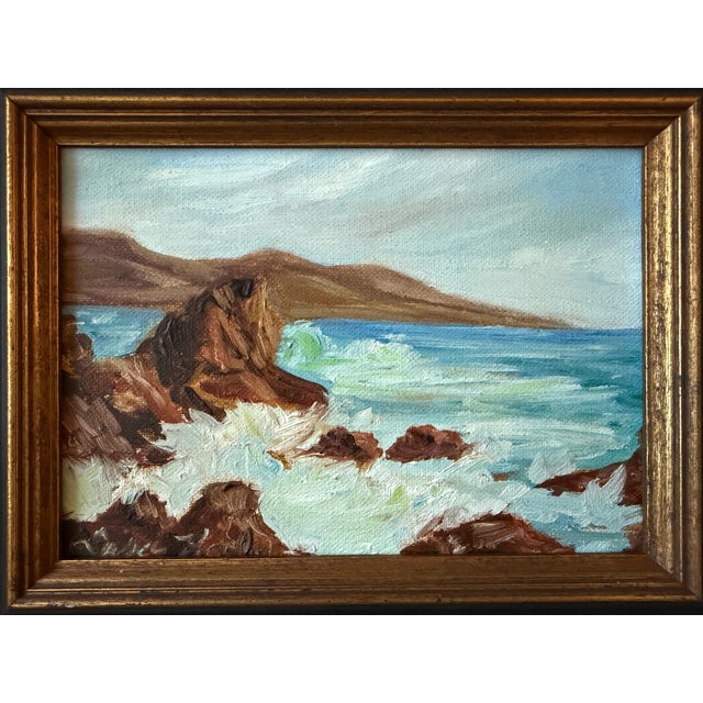Sky Blue 1950s Coastal Scene Seascape Impressionist Oil on Canvas Board For Sale - Image 8 of 11