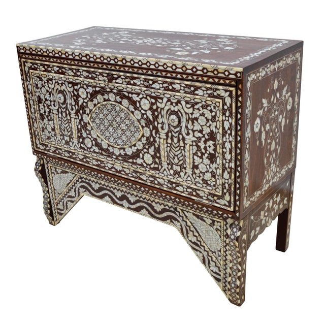 Gothic Vintage Mother-Of-Pearl Inlaid Walnut Console Table & Mirror Set For Sale - Image 3 of 13