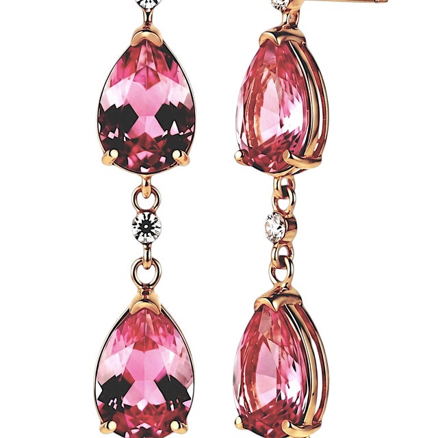 14k Yellow Gold Natural Pink Topaz and Diamond Long Drop Earrings For Sale - Image 9 of 12