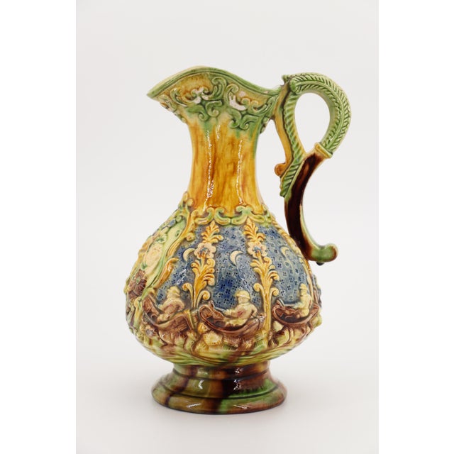 19th Century Antique Portuguese Palissy Ware Jug Depicting Fishermen in Boats, Earthenware For Sale - Image 5 of 18