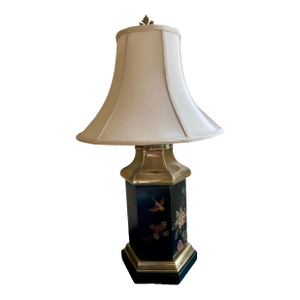 Vintage Carved and Painted Chinoiserie Style Hexagonal Lamp With Bird and Floral Motif