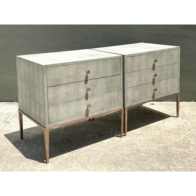 Vintage Shagreen Nightstands on Brass Base - Pair For Sale - Image 11 of 14