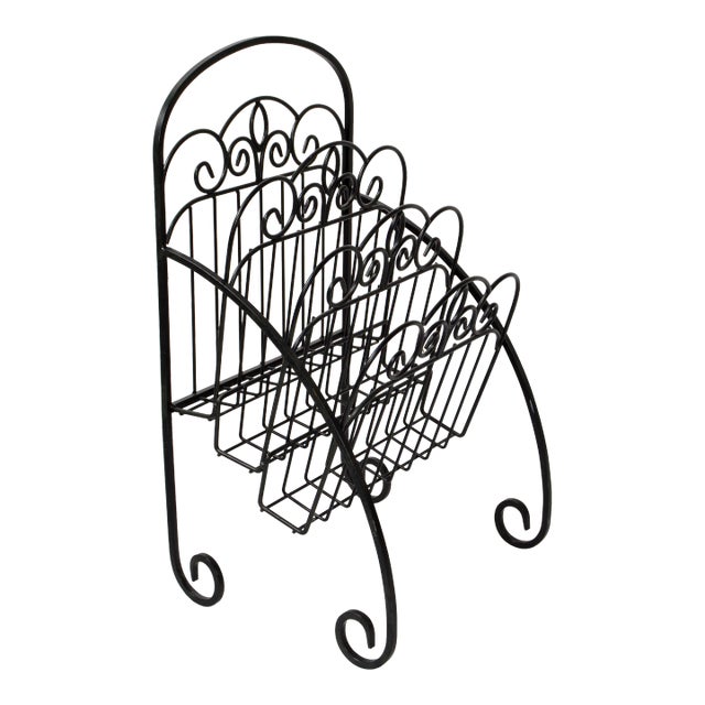1970 Vintage Scrolled Black Wrought Iron 3 Tier Magazine Rack For Sale