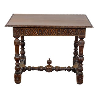French 19th Century Walnut Side Table with Carved Apron and H-Form Stretcher For Sale