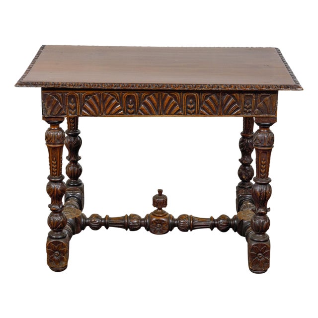 French 19th Century Walnut Side Table with Carved Apron and H-Form Stretcher For Sale